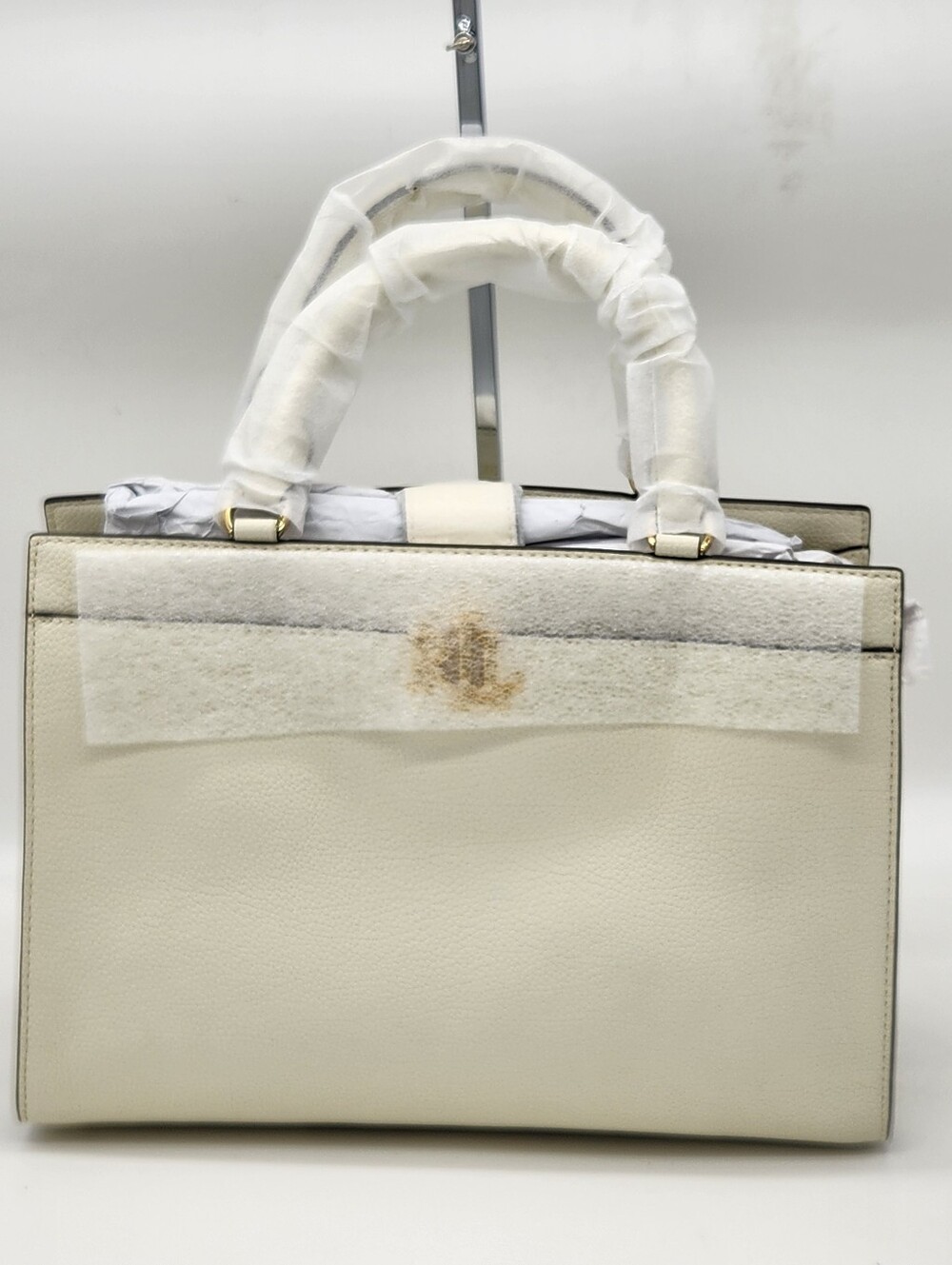 NWT Lauren Ralph Lauren Cream Pebbled Leather Satchel Tote Gold Hardware $325